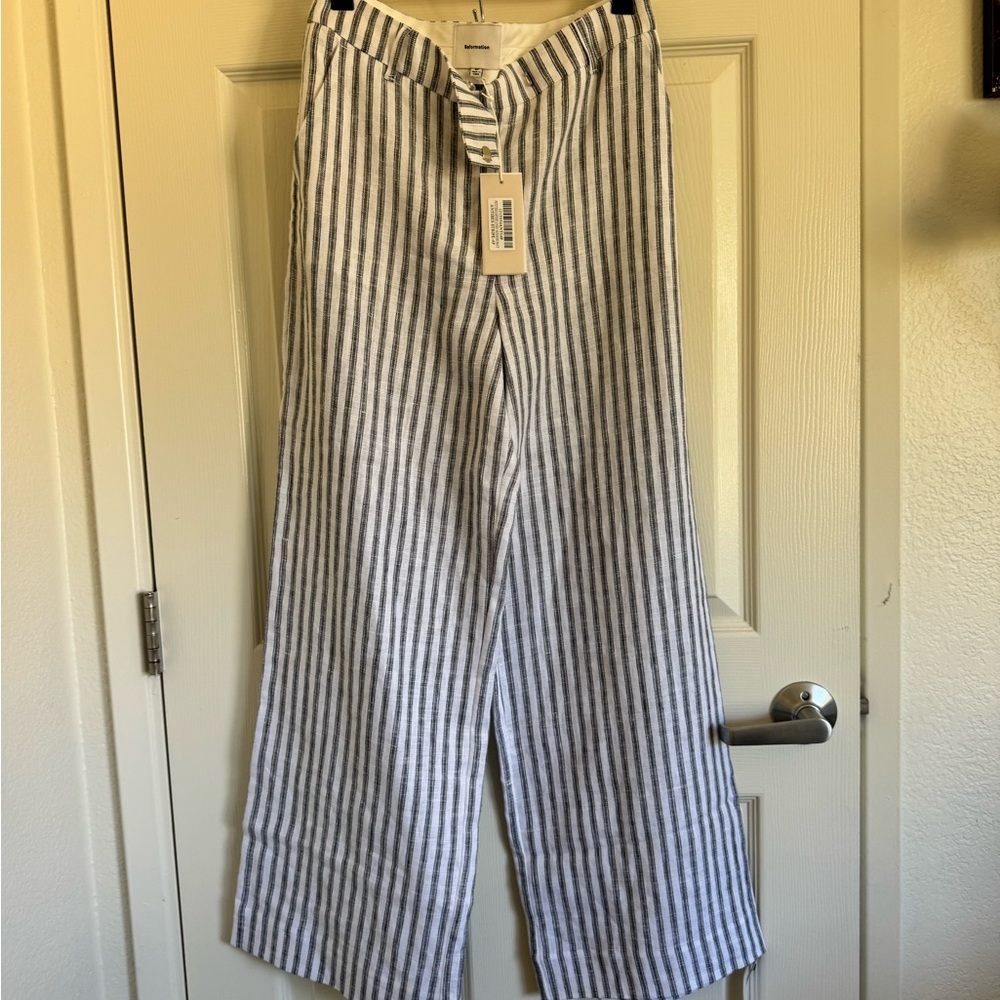 Reformation Petites Linen Cream and Gray Striped Wide-Leg Pants